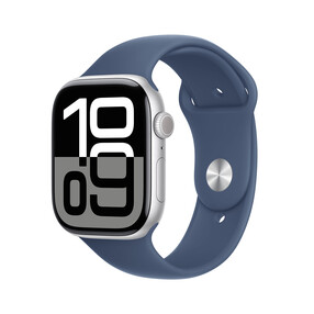 Apple Watch Series 10 GPS, Aluminium silber, 46mm mit Sportarmband, denim - M/L&amp;gt;